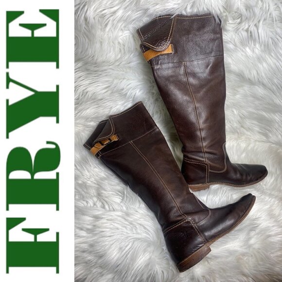FRYE Paige Cuffed Knee High Pull On Low Heel Riding Boots Brown, Size 7 - Picture 1 of 12